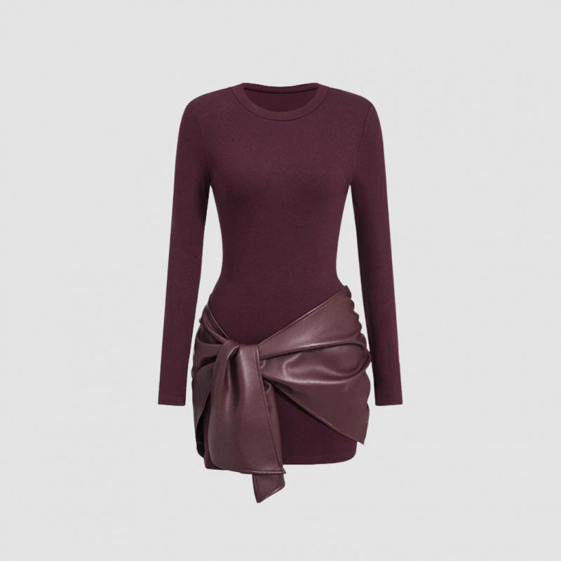 Long-sleeved Short Dress with Leather Belt for Women