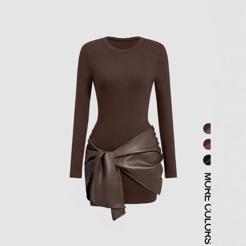 Long-sleeved Short Dress with Leather Belt for Women
