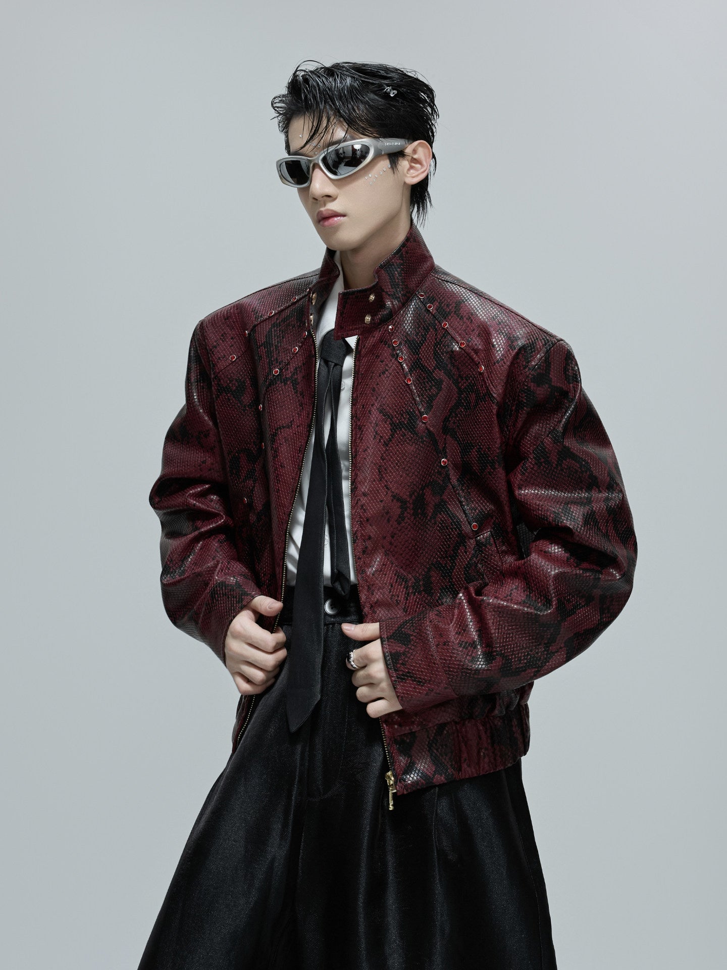 Unisex Snake Skin Leather Jacket with Gemstones ( Red & Black )  |  (Men & Women)