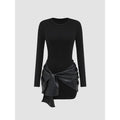 Long-sleeved Short Dress with Leather Belt for Women