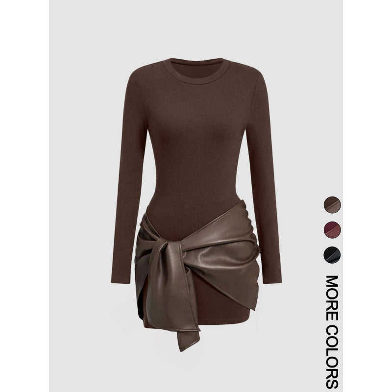 Long-sleeved Short Dress with Leather Belt for Women