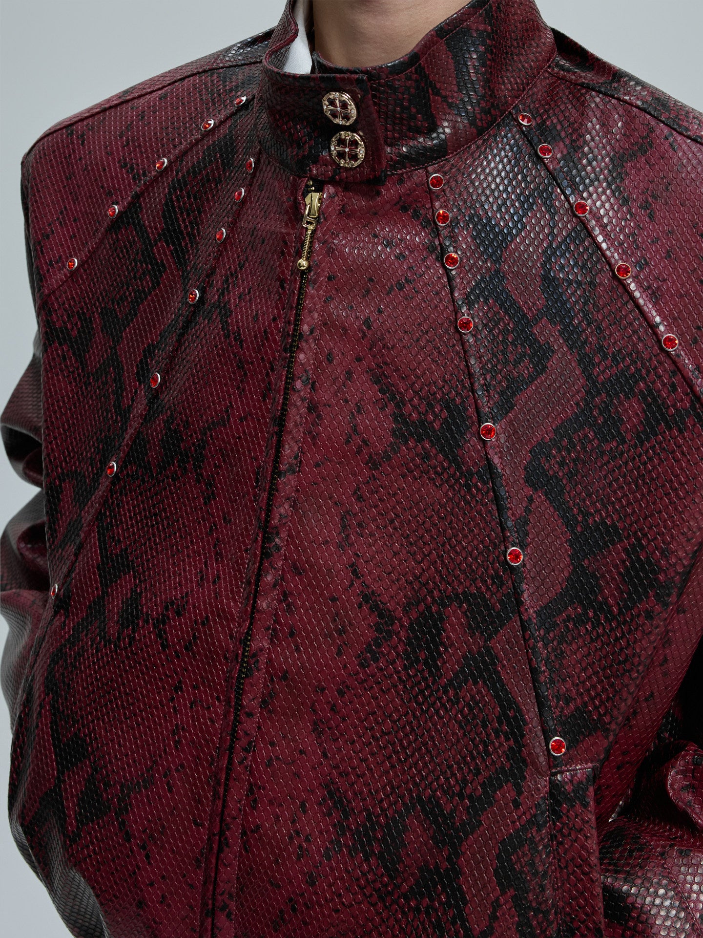 Unisex Snake Skin Leather Jacket with Gemstones ( Red & Black )  |  (Men & Women)