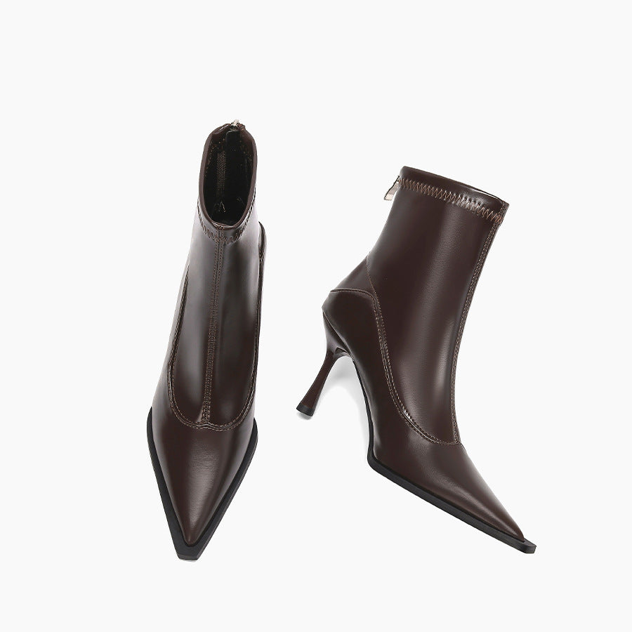 Leather Stiletto Pointed Ankle Boots for Women