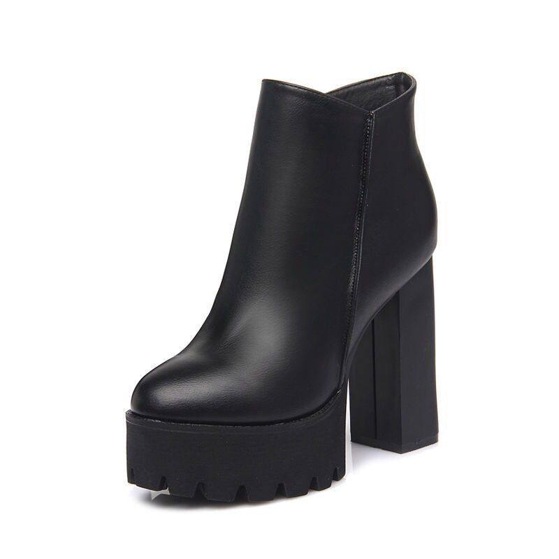 Leather High Heel Martin Boots with Side Zipper