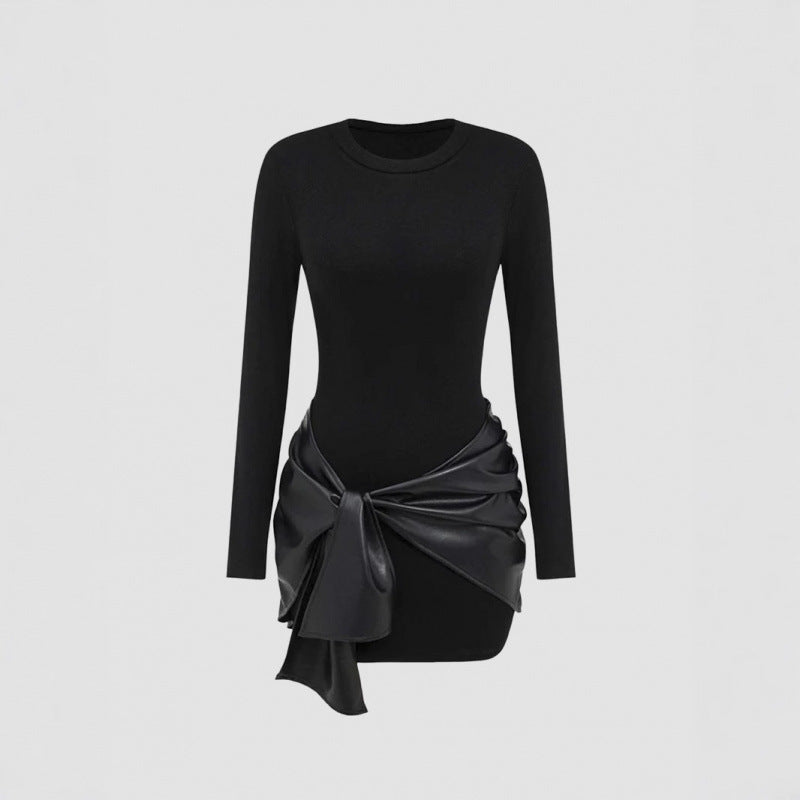 Long-sleeved Short Dress with Leather Belt for Women