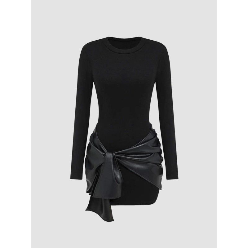 Long-sleeved Short Dress with Leather Belt for Women