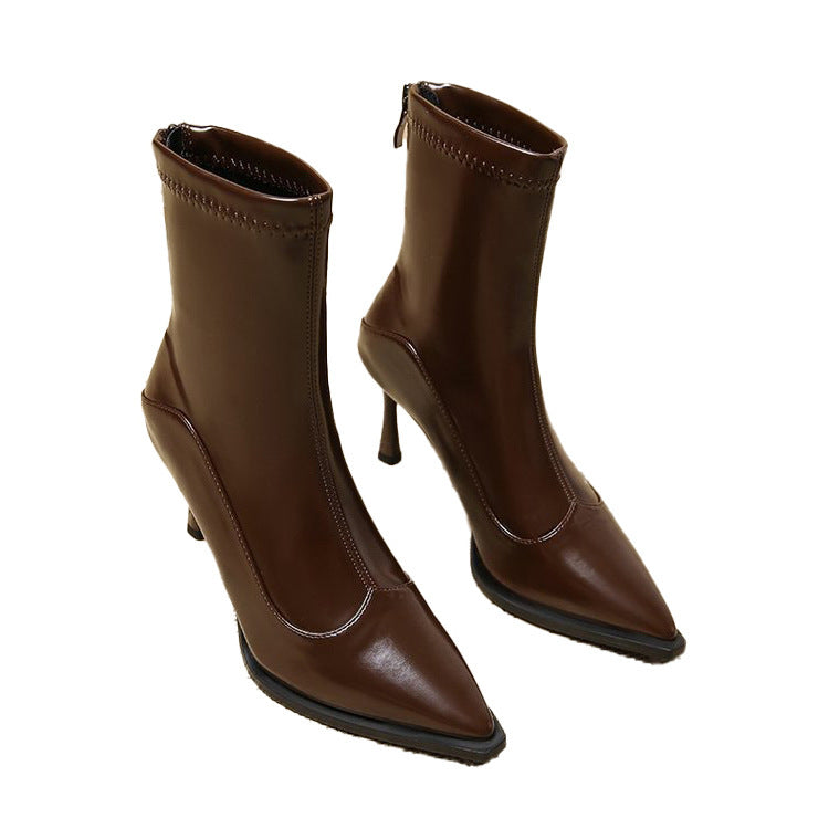 Leather Stiletto Pointed Ankle Boots for Women