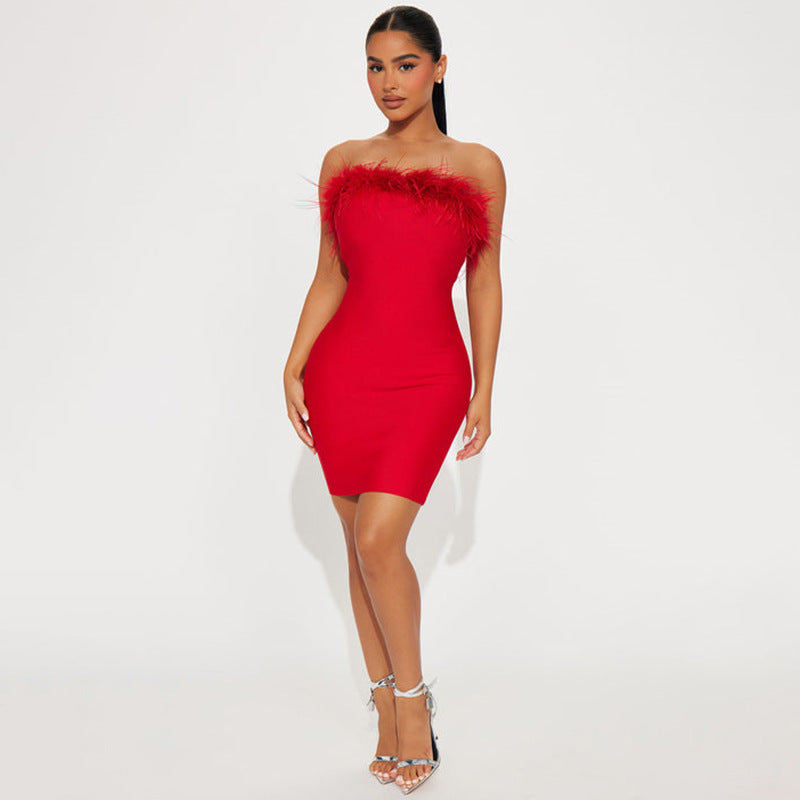 Feather Slim Short Dress for Women ( Red & Black )