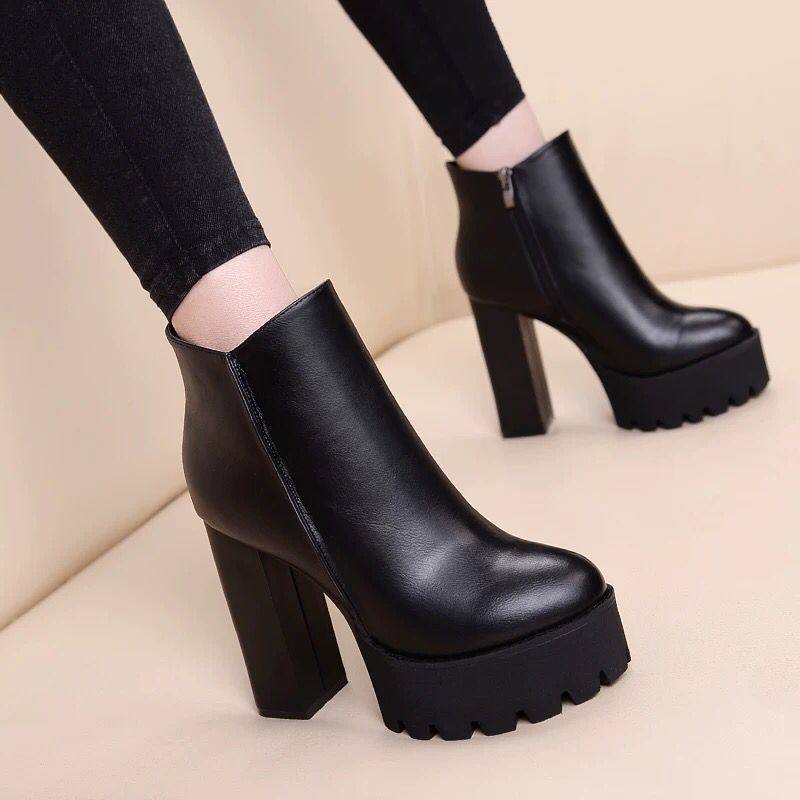 Leather High Heel Martin Boots with Side Zipper