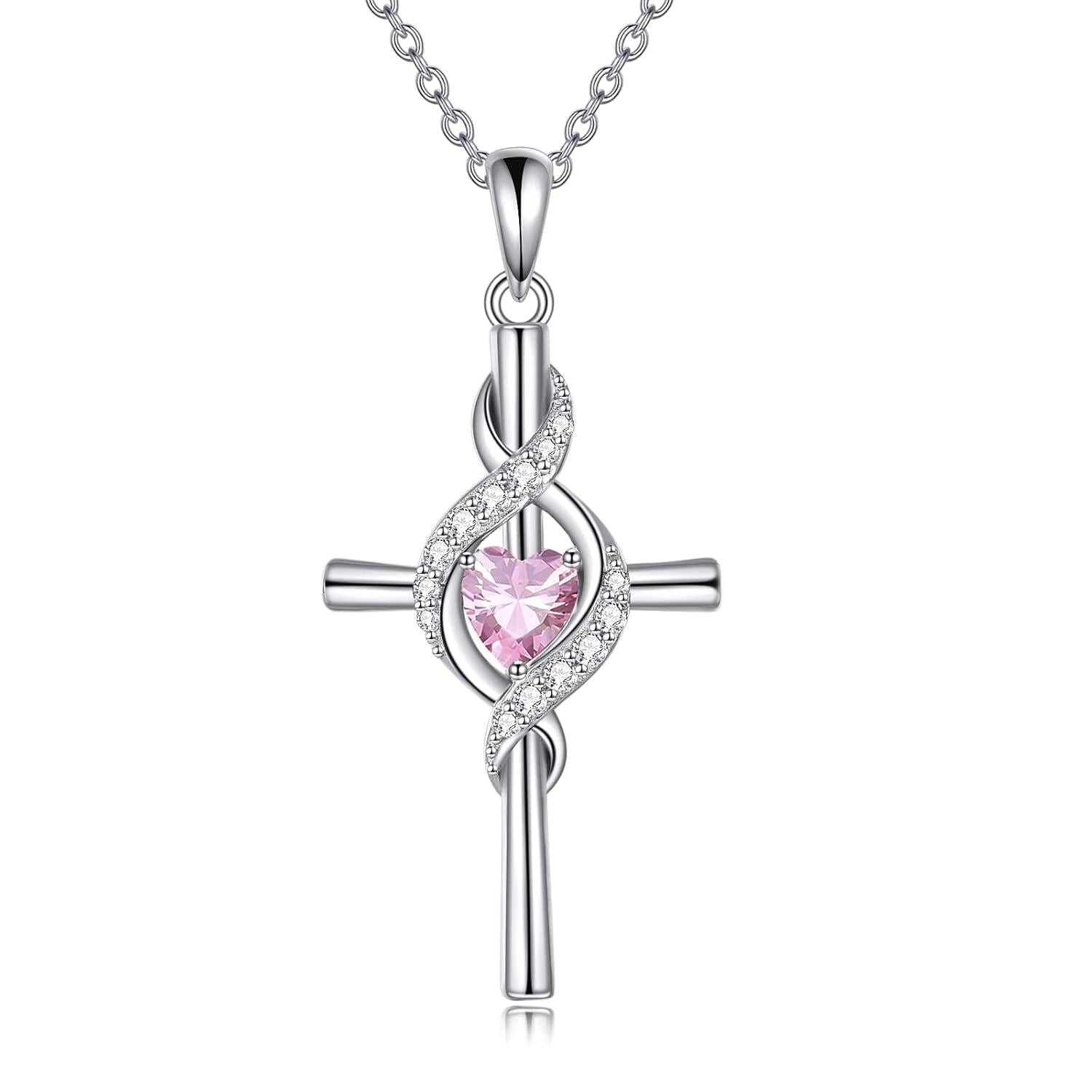 “Sacred Light” Sterling Silver Birthstone Cross Necklace
