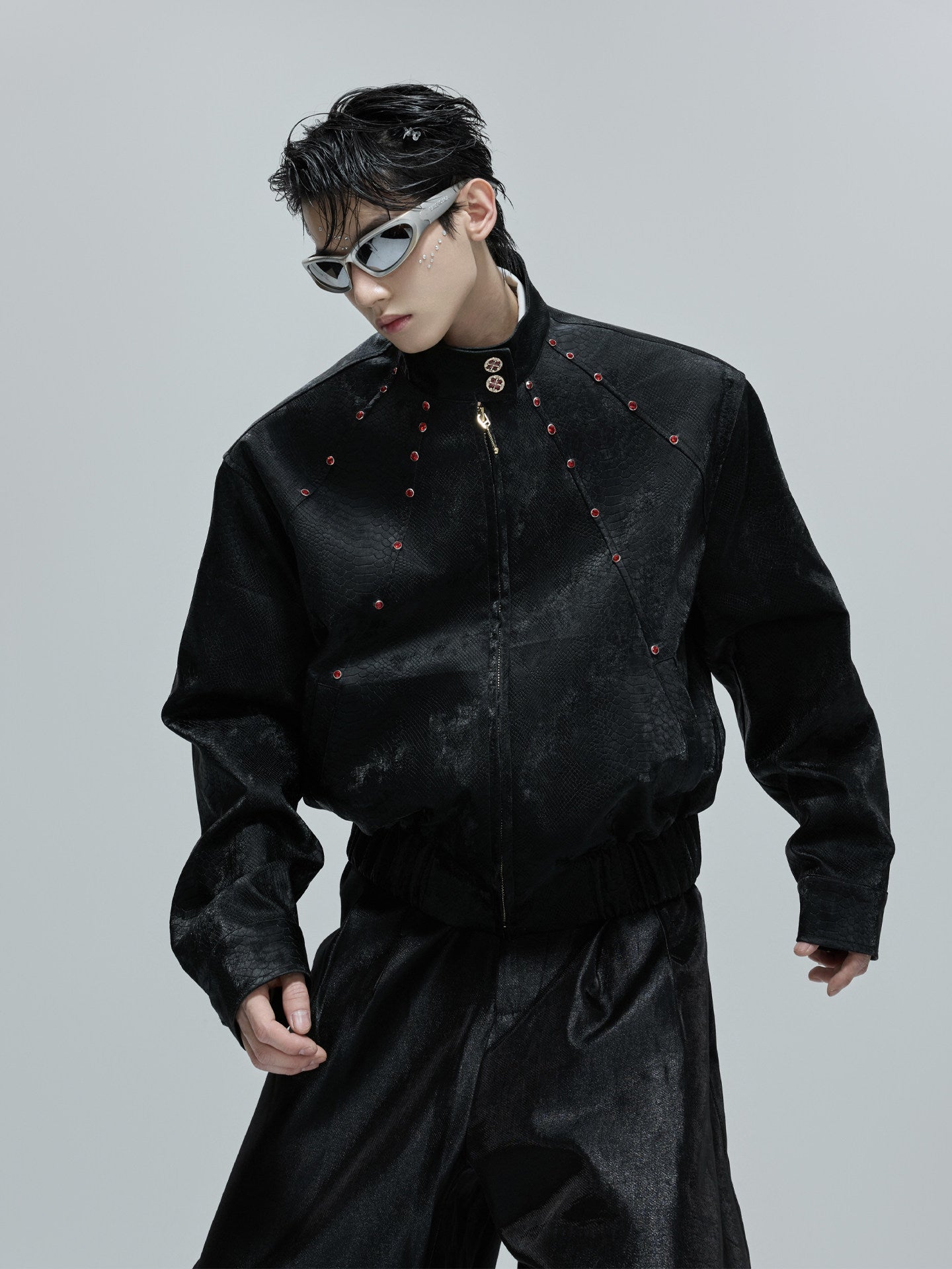 Unisex Snake Skin Leather Jacket with Gemstones ( Red & Black )  |  (Men & Women)