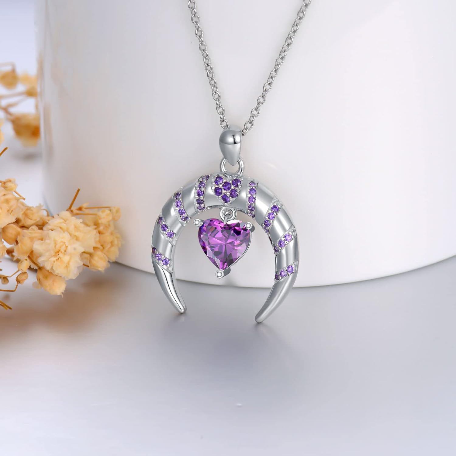 “Amethyst Luna” Heart-Shaped Moon Pendant Sterling Silver Necklace