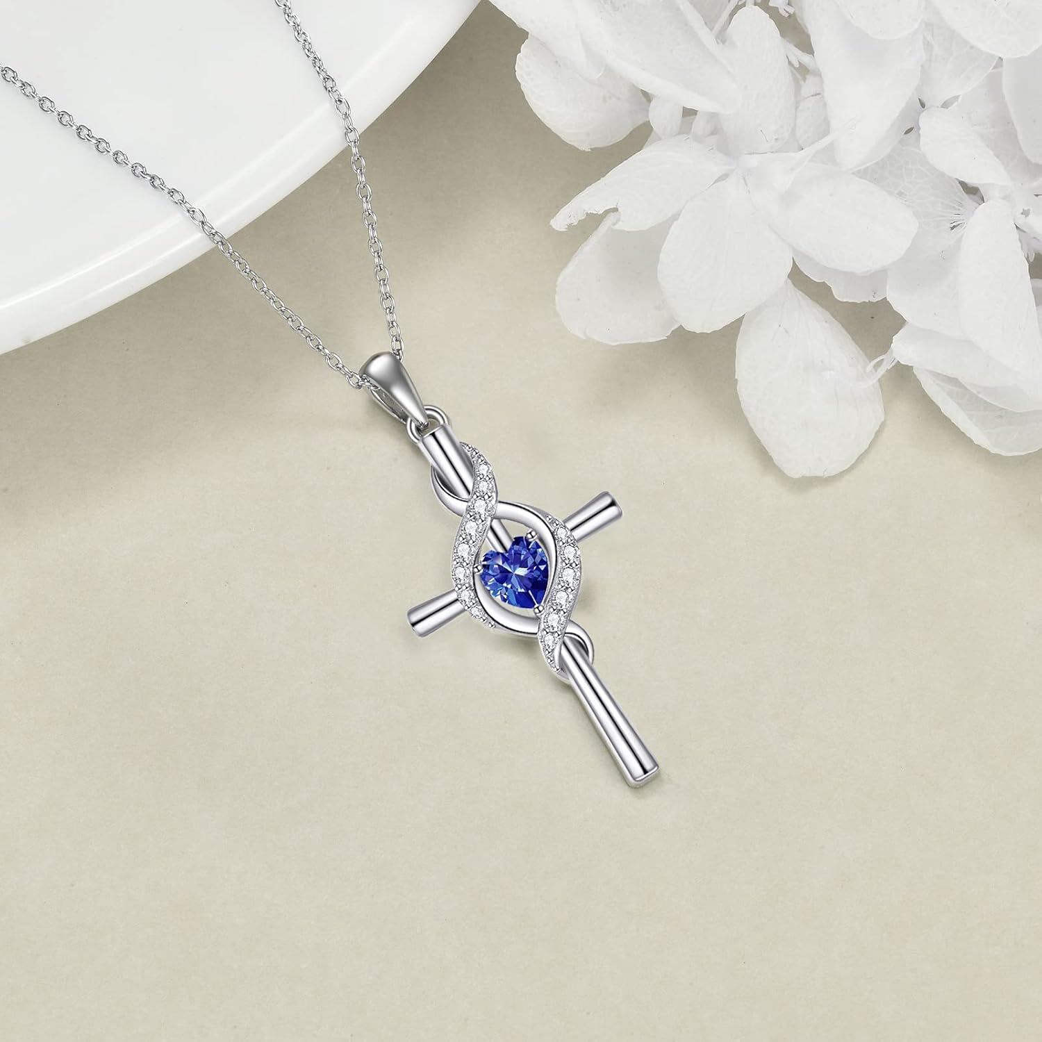 “Sacred Light” Sterling Silver Birthstone Cross Necklace