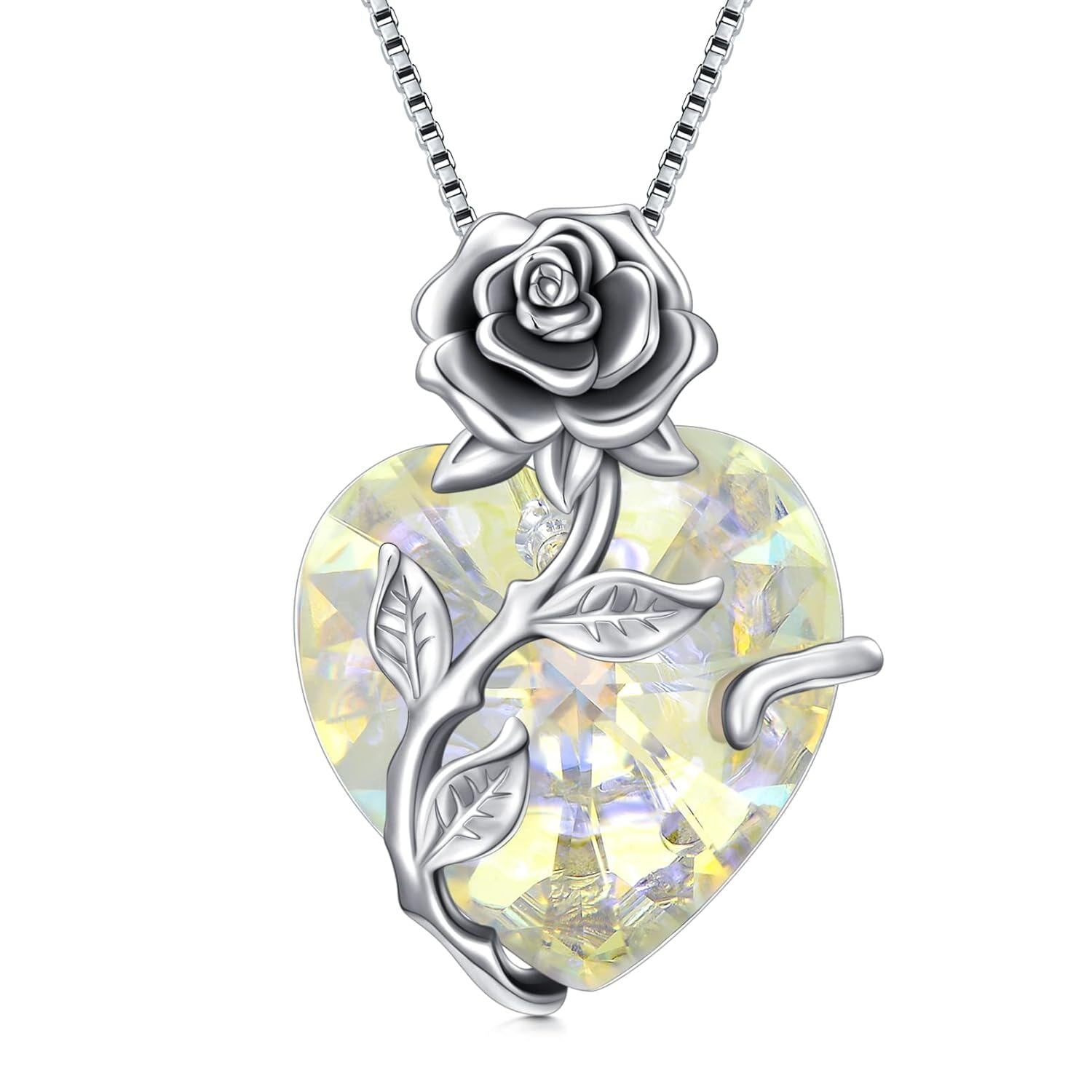 “Heart of Roses” Sterling Silver Crystal Pendant Necklace