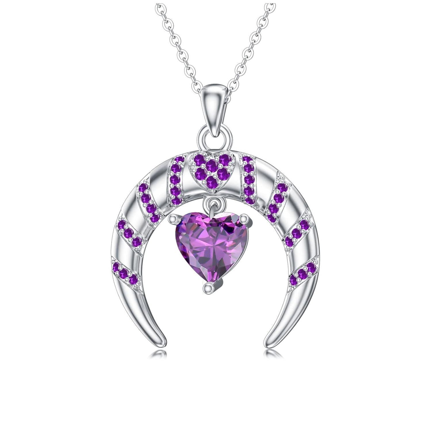 “Amethyst Luna” Heart-Shaped Moon Pendant Sterling Silver Necklace