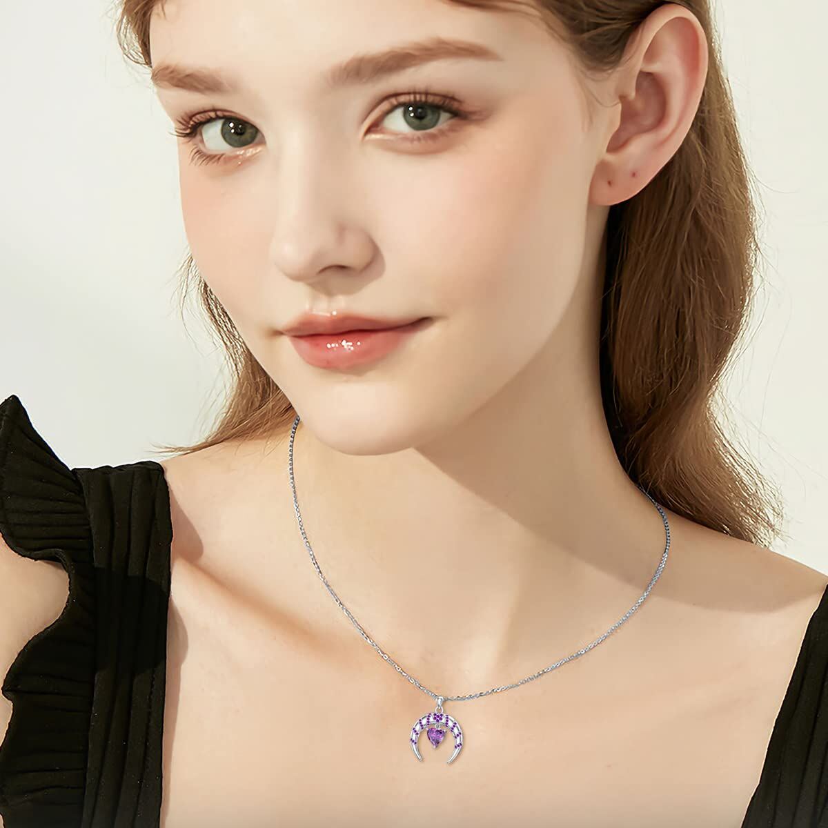 “Amethyst Luna” Heart-Shaped Moon Pendant Sterling Silver Necklace