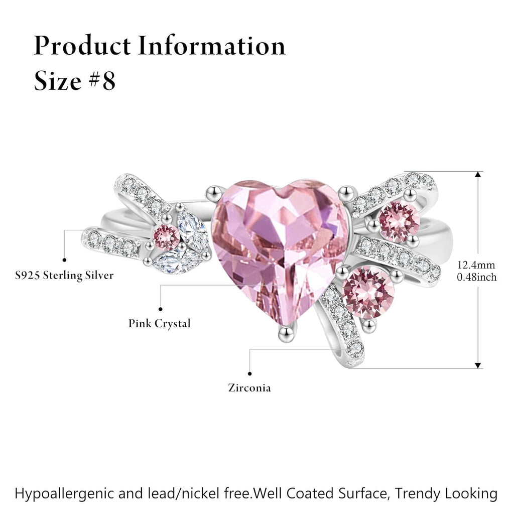 “Heart Strings” Pink Crystal Bow Sterling Silver Ring