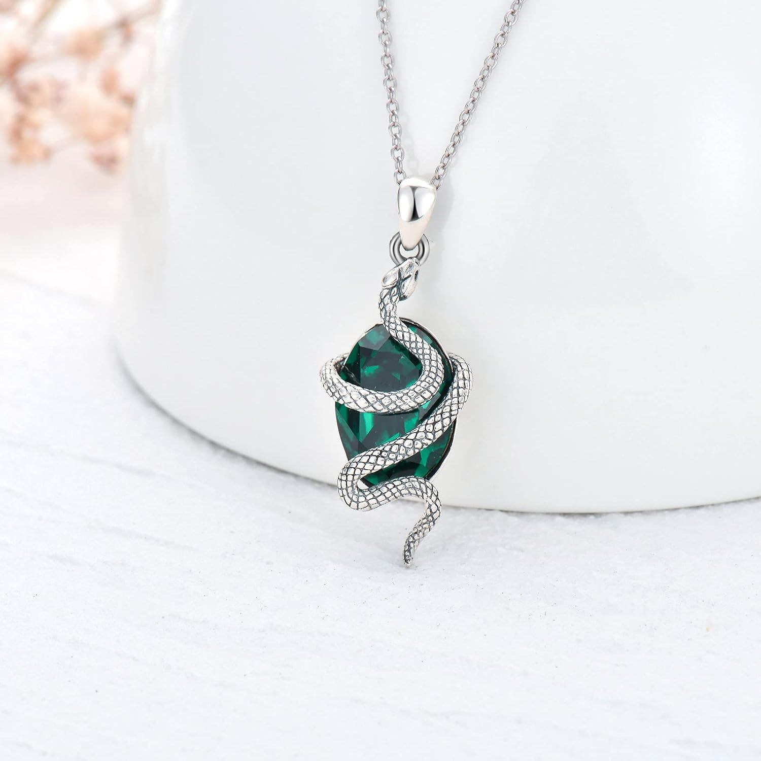 “Emerald Serpent” Vintage Sterling Silver Crystal Necklace