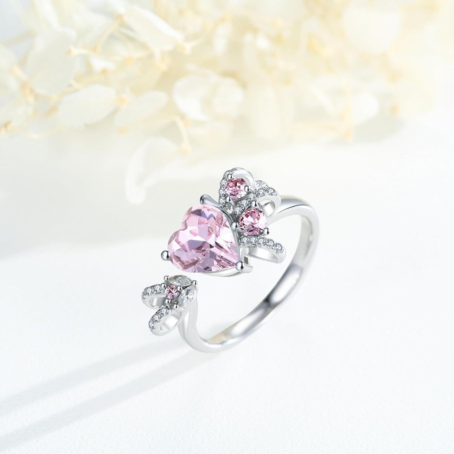 “Heart Strings” Pink Crystal Bow Sterling Silver Ring