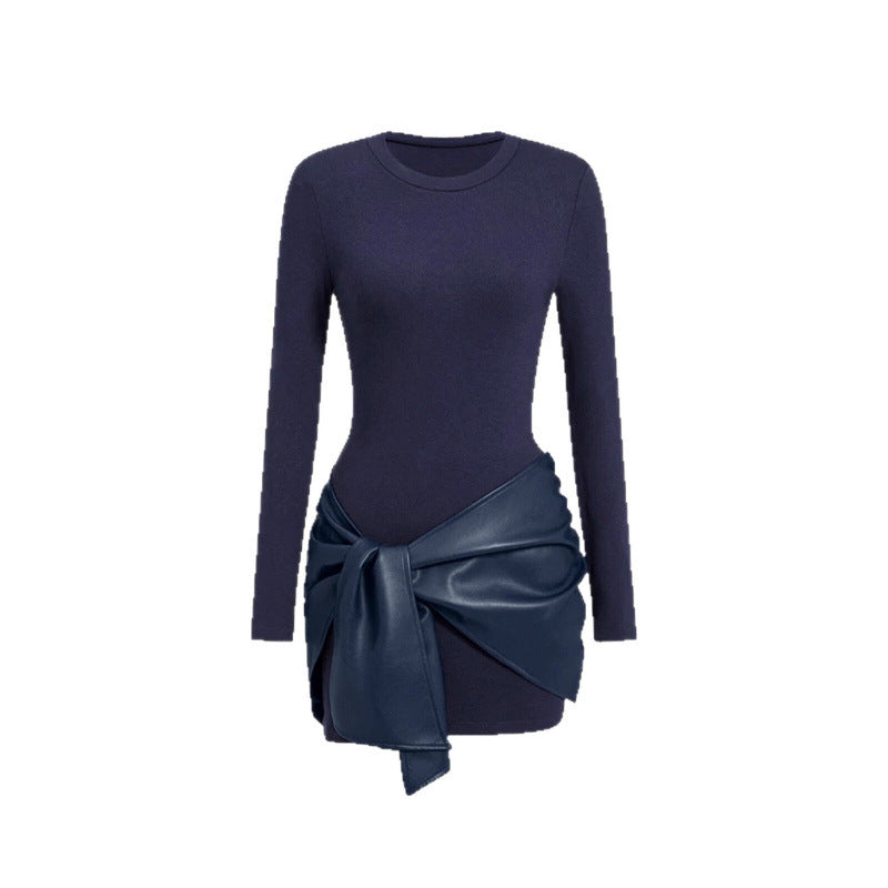 Long-sleeved Short Dress with Leather Belt for Women