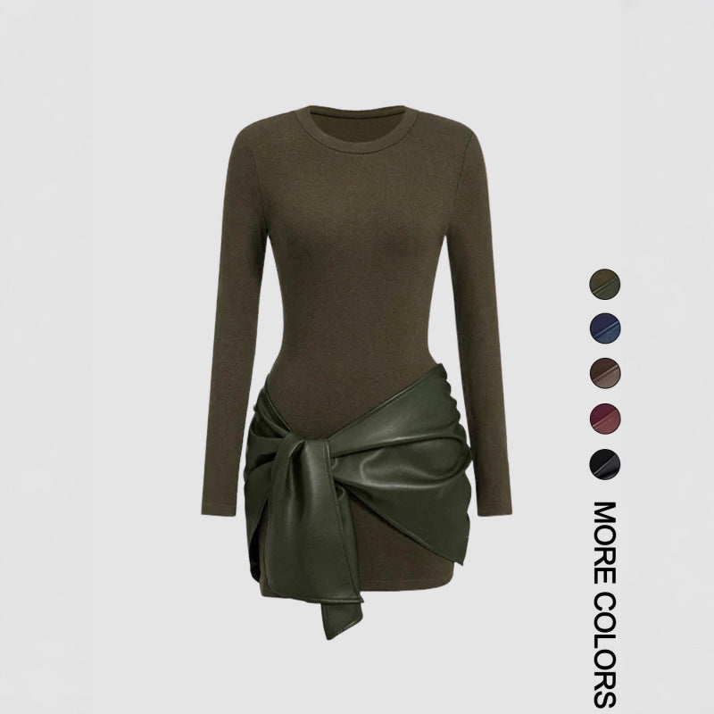 Long-sleeved Short Dress with Leather Belt for Women