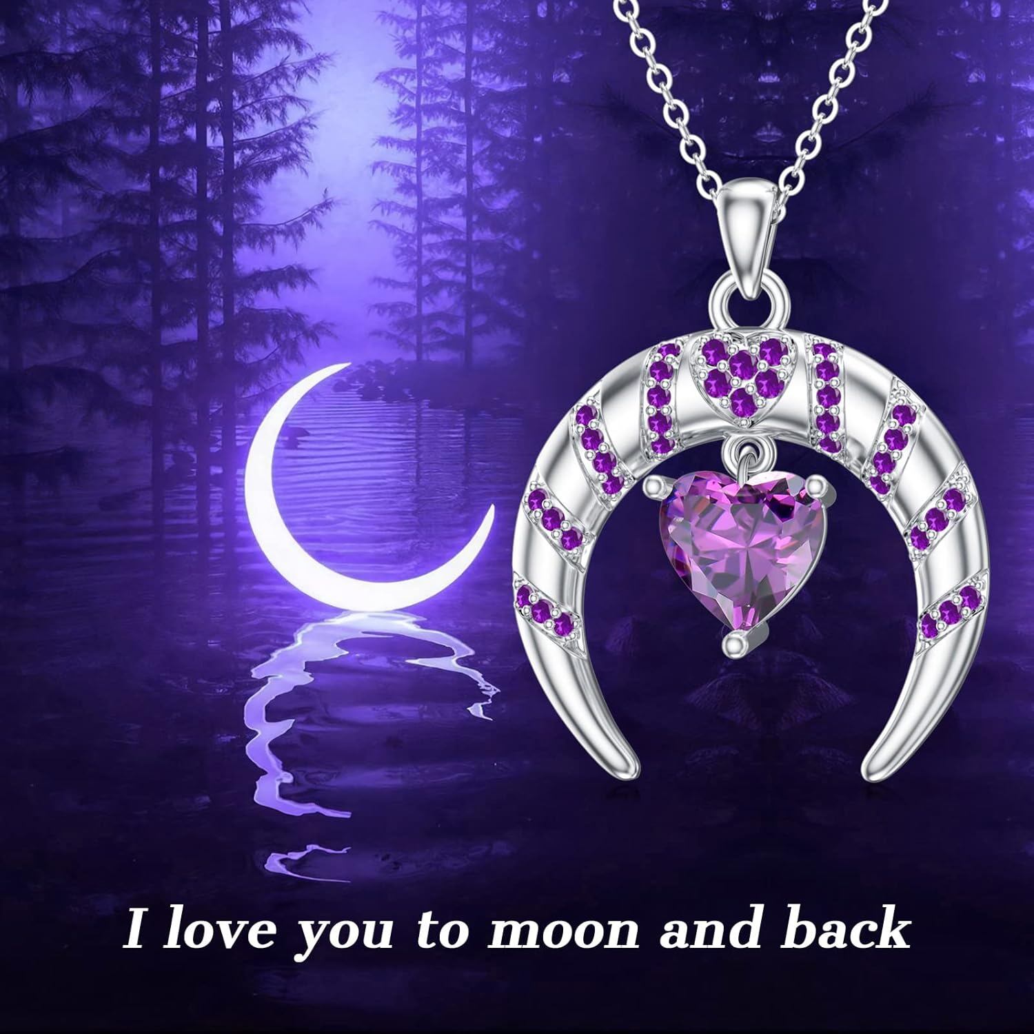 “Amethyst Luna” Heart-Shaped Moon Pendant Sterling Silver Necklace