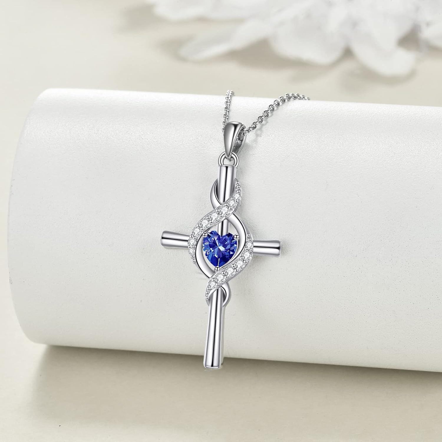 “Sacred Light” Sterling Silver Birthstone Cross Necklace
