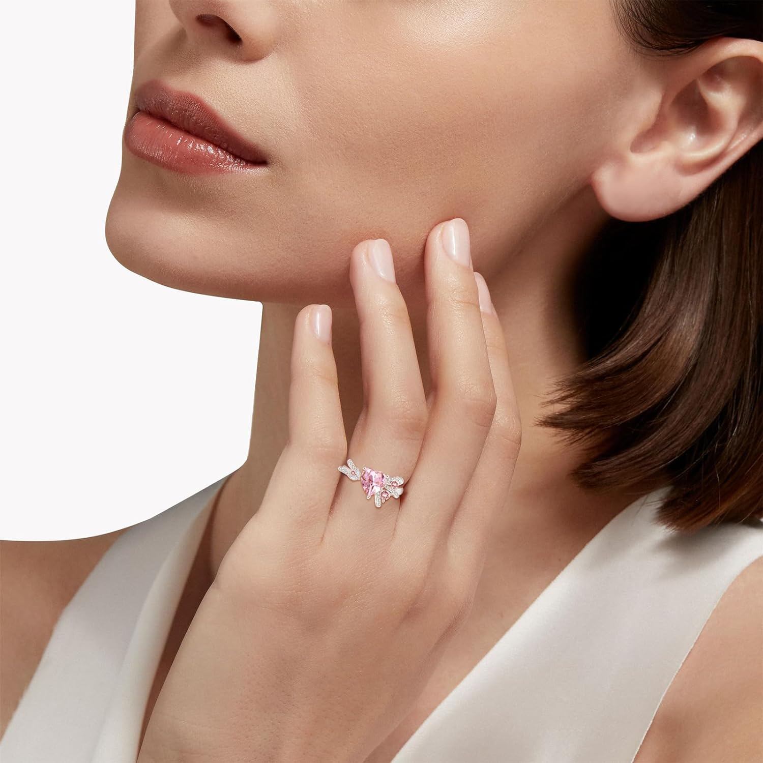 “Heart Strings” Pink Crystal Bow Sterling Silver Ring