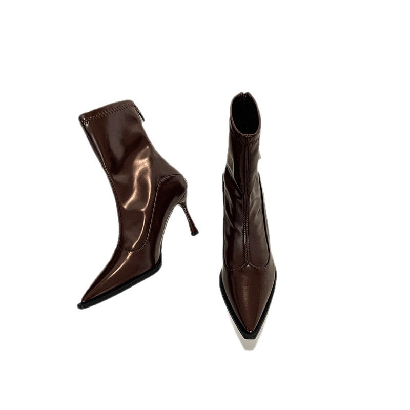 Leather Stiletto Pointed Ankle Boots for Women