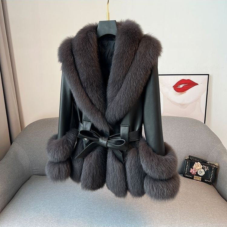 Faux Fox Fur Plush Leather Coat