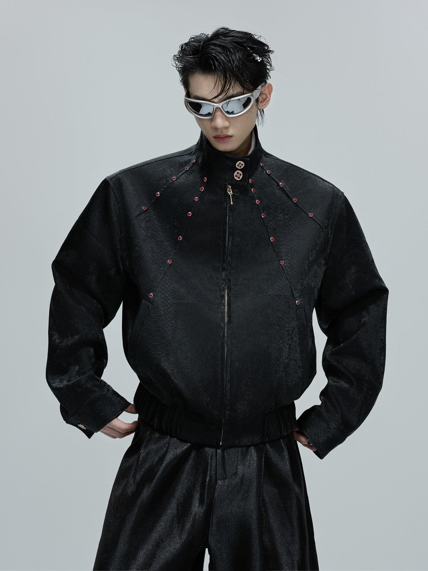 Unisex Snake Skin Leather Jacket with Gemstones ( Red & Black )  |  (Men & Women)