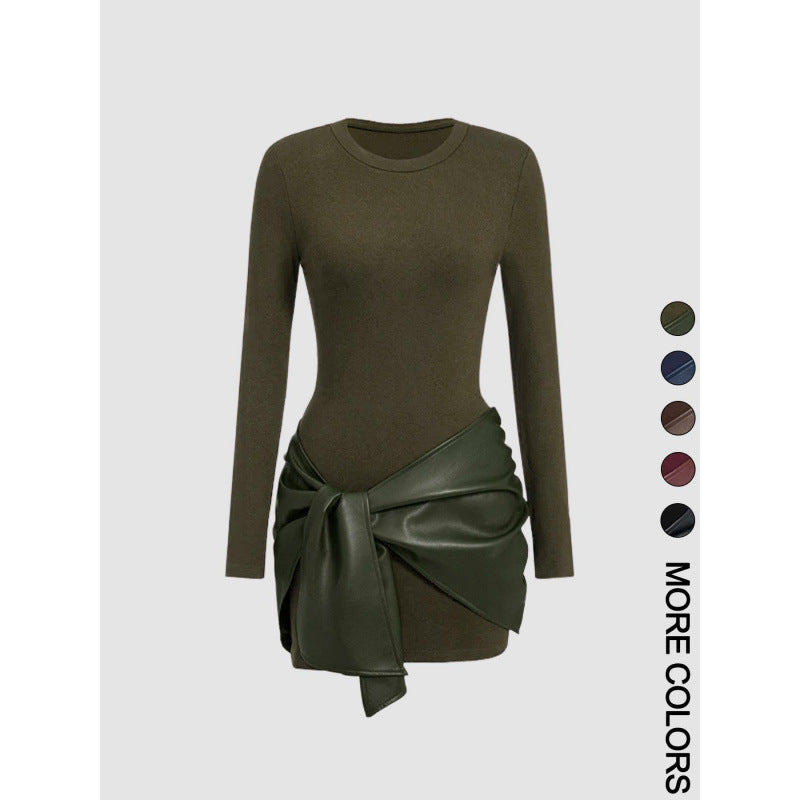 Long-sleeved Short Dress with Leather Belt for Women