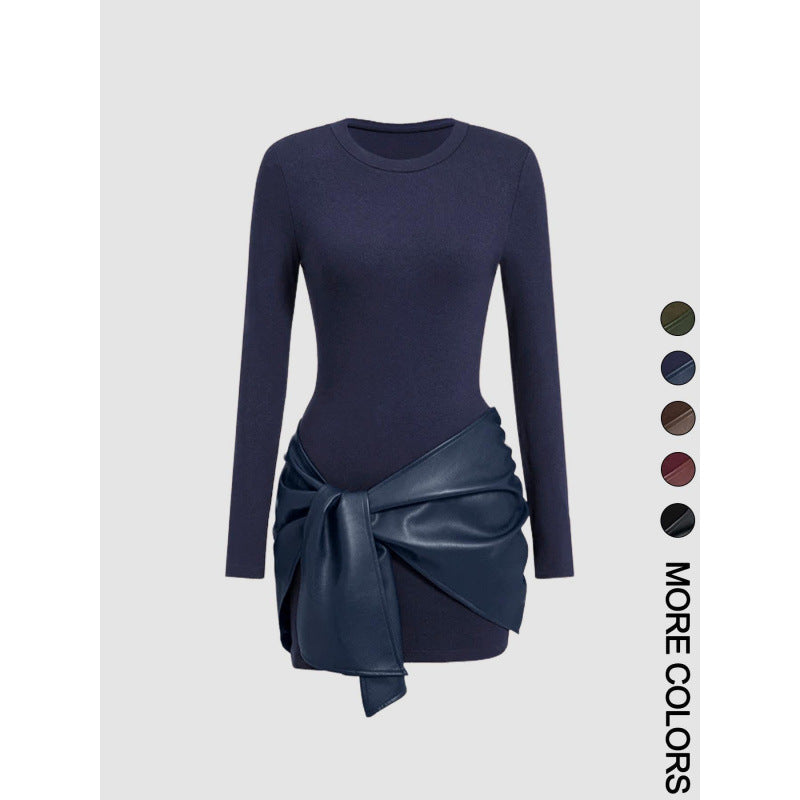 Long-sleeved Short Dress with Leather Belt for Women