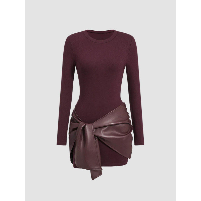 Long-sleeved Short Dress with Leather Belt for Women