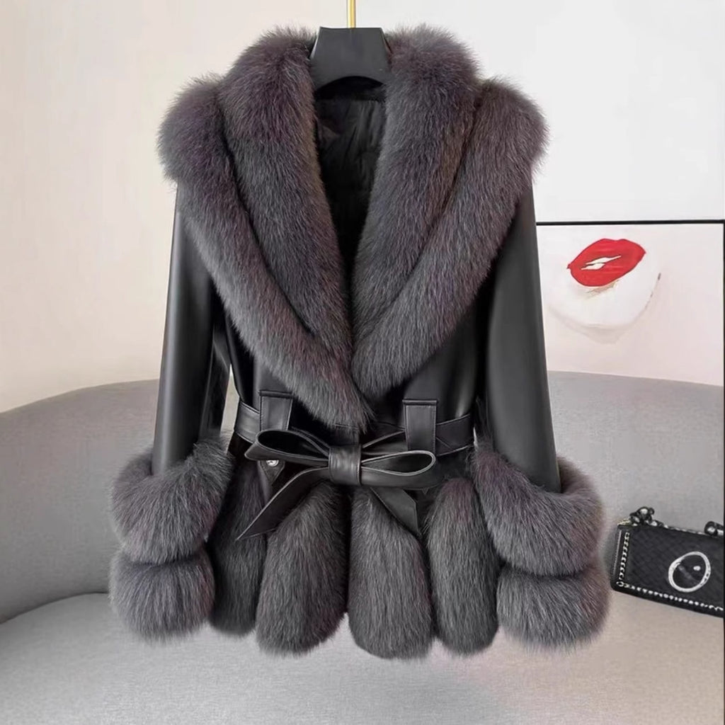 Faux Fox Fur Plush Leather Coat