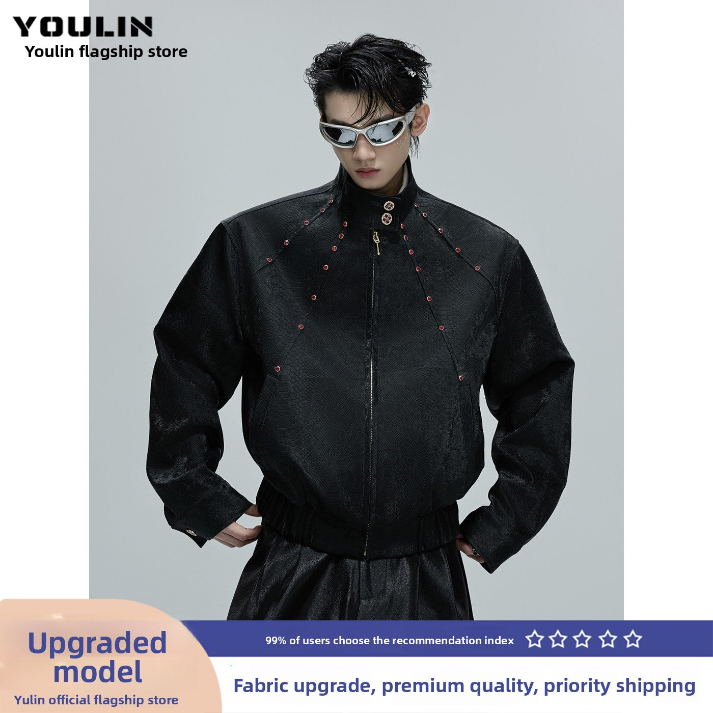 Unisex Snake Skin Leather Jacket with Gemstones ( Red & Black )  |  (Men & Women)